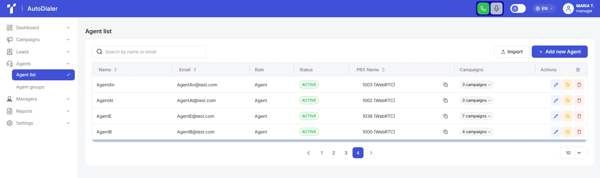 Auto Dialer Agents overview with agent list and navigation sections