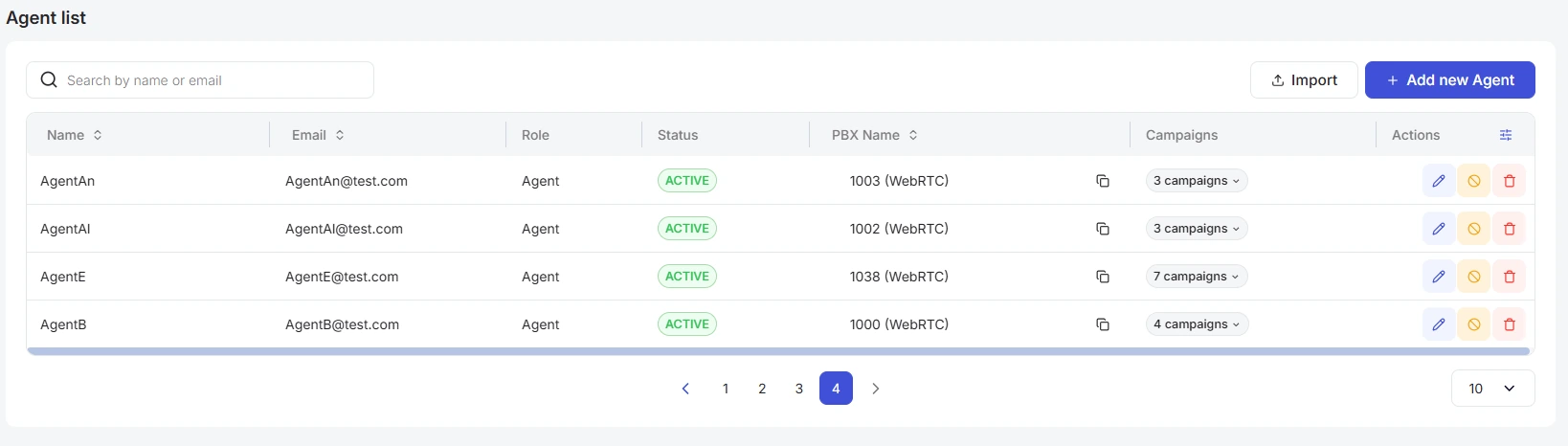Auto Dialer Agent List with agent details statuses campaigns and actions