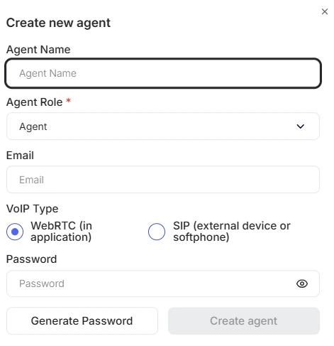 Auto Dialer create new agent form with role email VoIP type and password fields