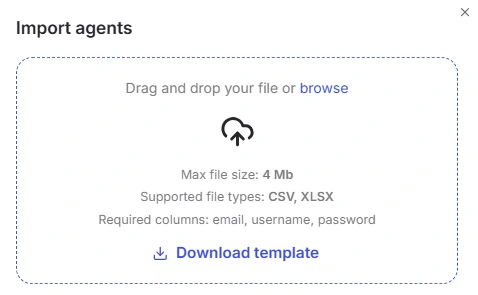 Auto Dialer import agents dialog with file upload and template download options