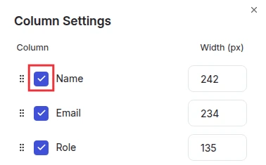 Auto Dialer Agent List column settings with visibility width and order controls