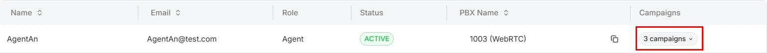 Auto Dialer Agent List campaigns button for viewing agent assignments