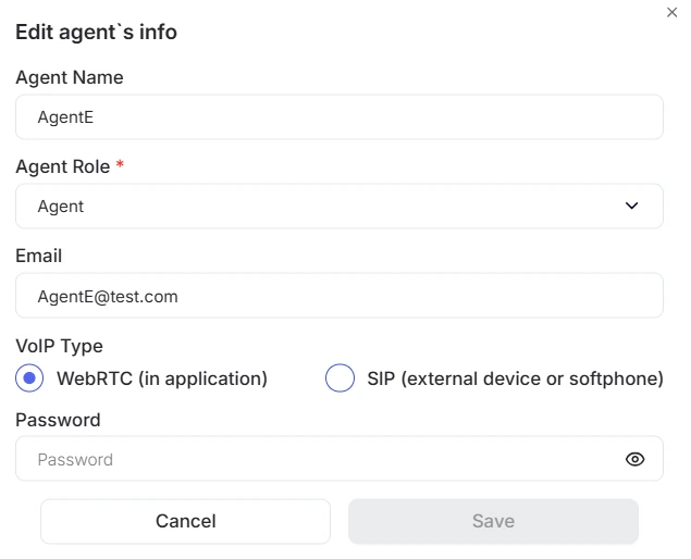 Auto Dialer edit agent form with role email VoIP type and password settings