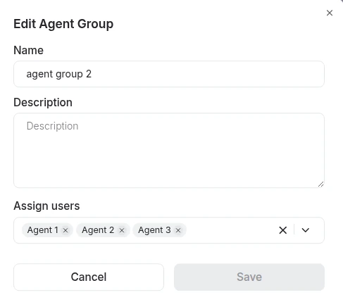 Auto Dialer edit agent group form with assigned users and save controls