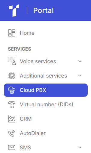 CRM integrations Portal sidebar with Cloud PBX selected