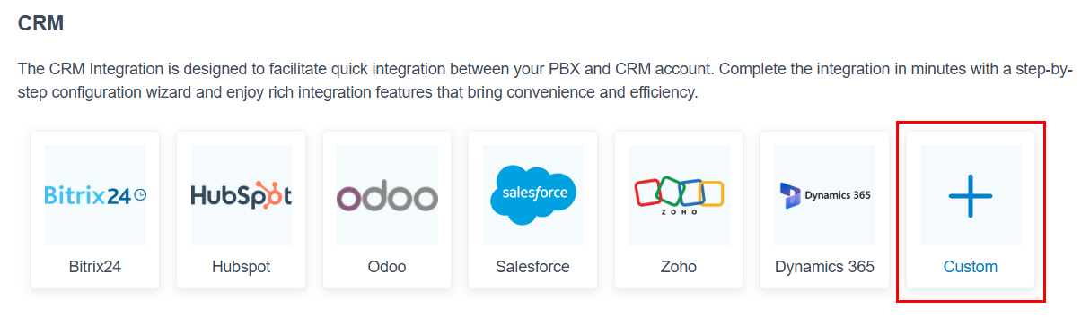CRM integrations provider tiles with Custom plus tile boxed in red