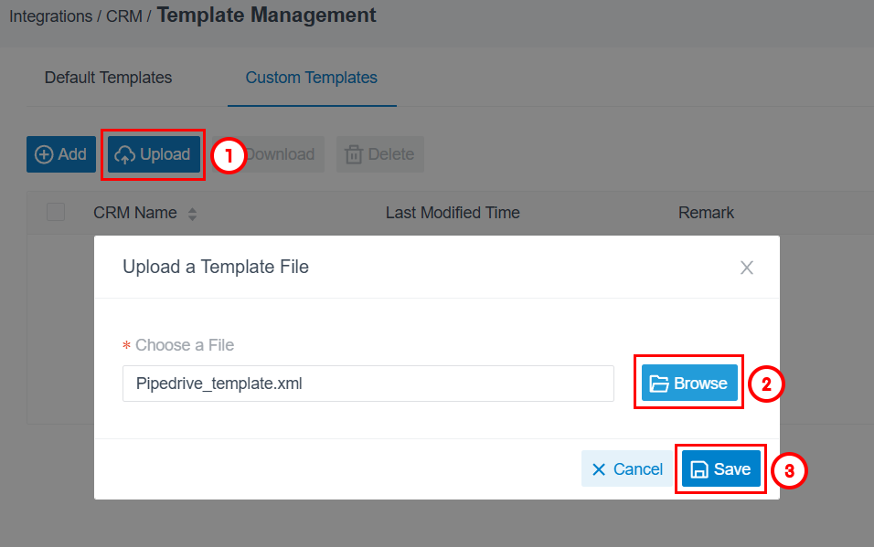 CRM integrations Upload a Template File dialog for Pipedrive_template.xml