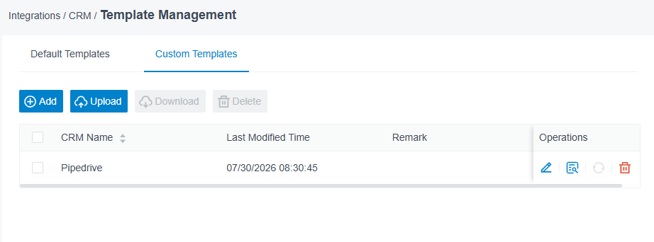 CRM integrations Custom Templates list showing uploaded Pipedrive template