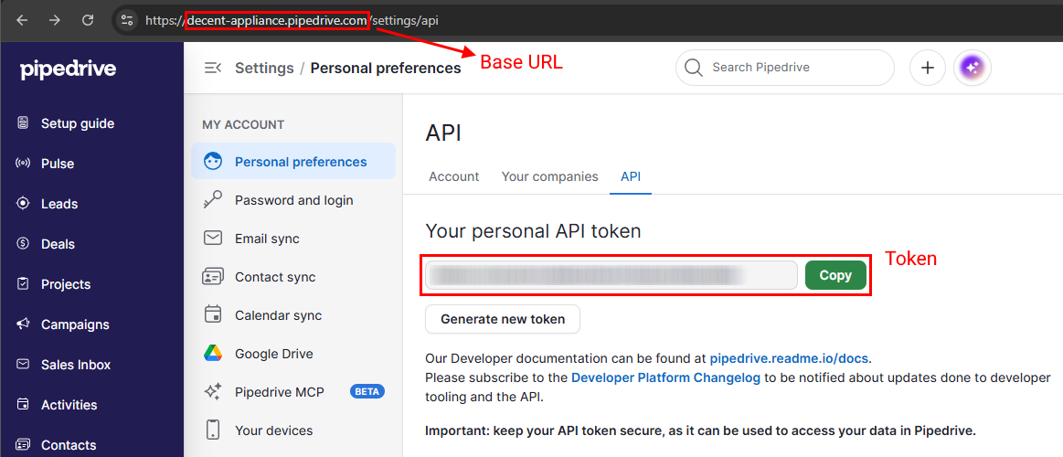 CRM integrations Pipedrive API page showing token and Base URL