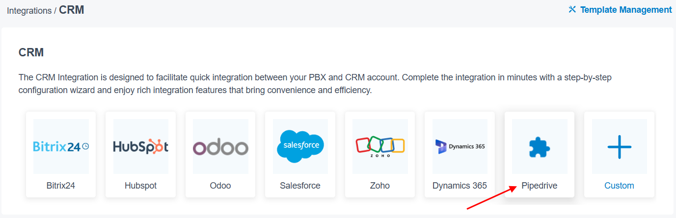 CRM integrations provider tiles with Pipedrive highlighted by a red arrow