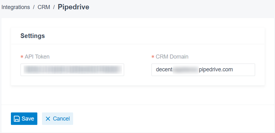 CRM integrations Pipedrive settings with API Token and CRM Domain fields