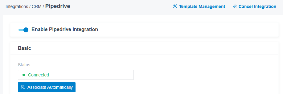 CRM integrations Pipedrive page showing Enable toggle and Status Connected