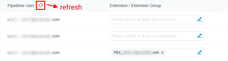 CRM integrations Pipedrive User mapping table with refresh icon boxed