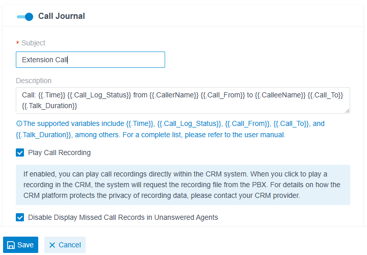 CRM integrations Call Journal with Extension Call subject and playback options