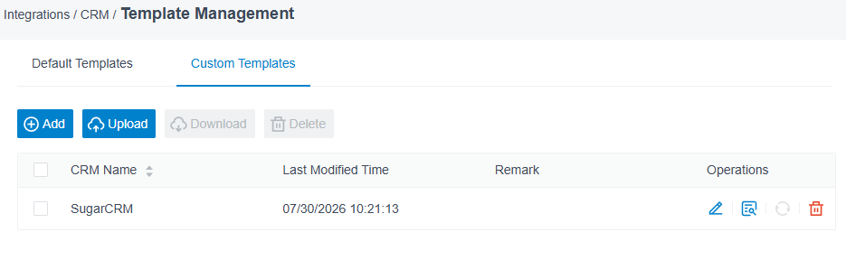 CRM integrations Custom Templates list showing uploaded SugarCRM template