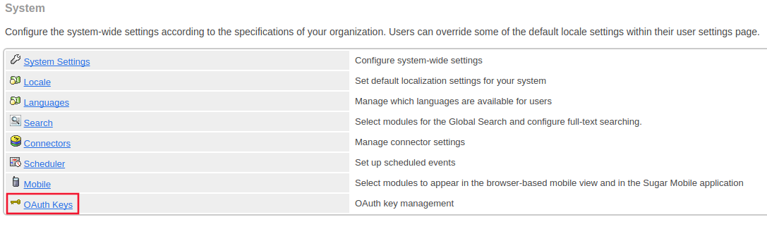 CRM integrations SugarCRM System settings with OAuth Keys highlighted