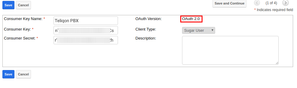 CRM integrations SugarCRM OAuth form named Teliqon PBX with OAuth 2.0 boxed