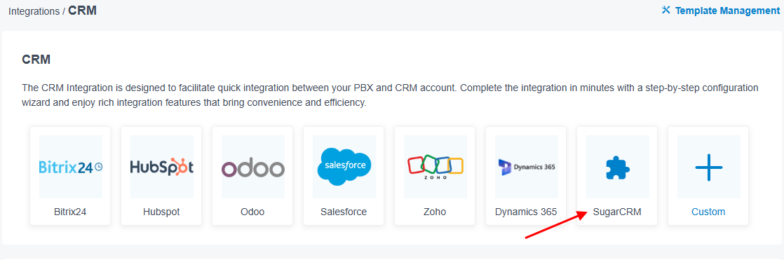 CRM integrations provider tiles with SugarCRM highlighted by a red arrow