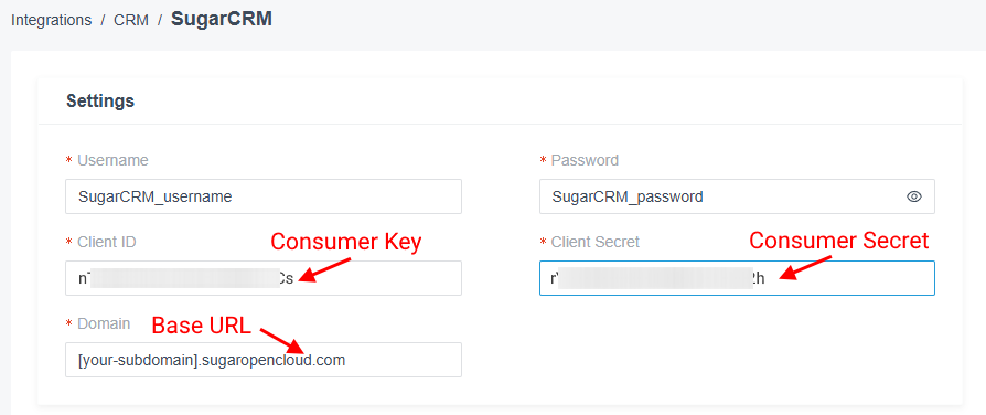 CRM integrations SugarCRM settings mapping Client ID Secret and Domain fields