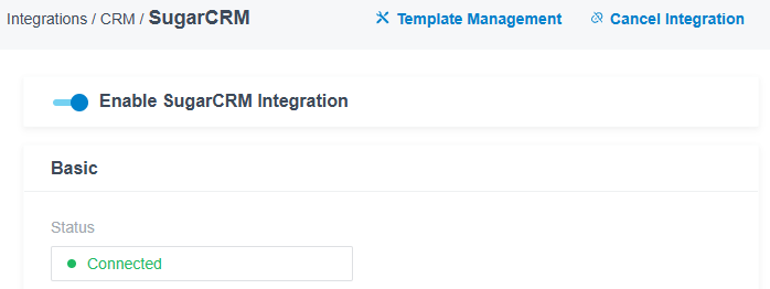 CRM integrations SugarCRM page with Enable on and Status Connected