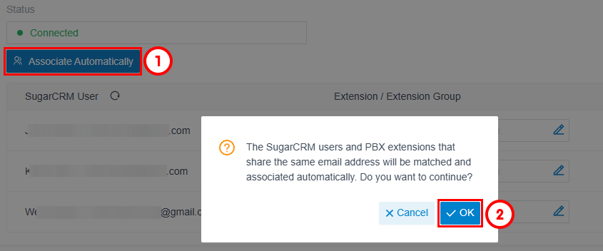 CRM integrations Associate Automatically dialog matching SugarCRM users to extensions