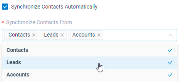 CRM integrations auto-sync with Contacts Leads and Accounts selected