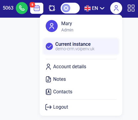 CRM account profile menu with instance URL, account details, notes, contacts, and logout