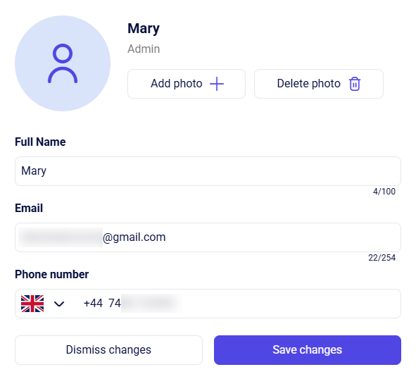 CRM account profile details form with name, email, phone, and save buttons
