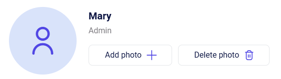 CRM account avatar section with Mary Admin, Add photo, and Delete photo