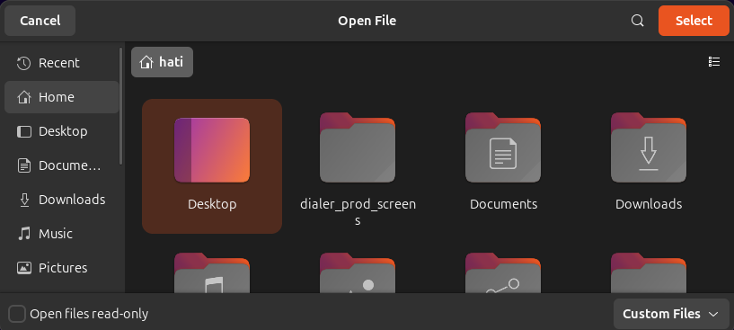 CRM account Open File dialog selecting a Home folder image for the avatar