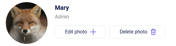 CRM account profile with uploaded fox avatar plus Edit photo and Delete photo