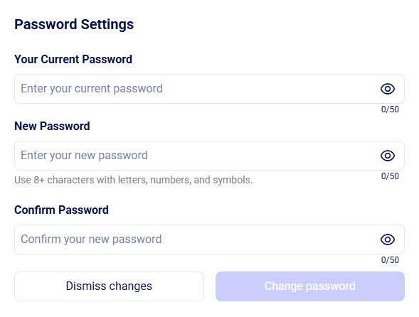 CRM account Password Settings with current, new, and confirm password fields