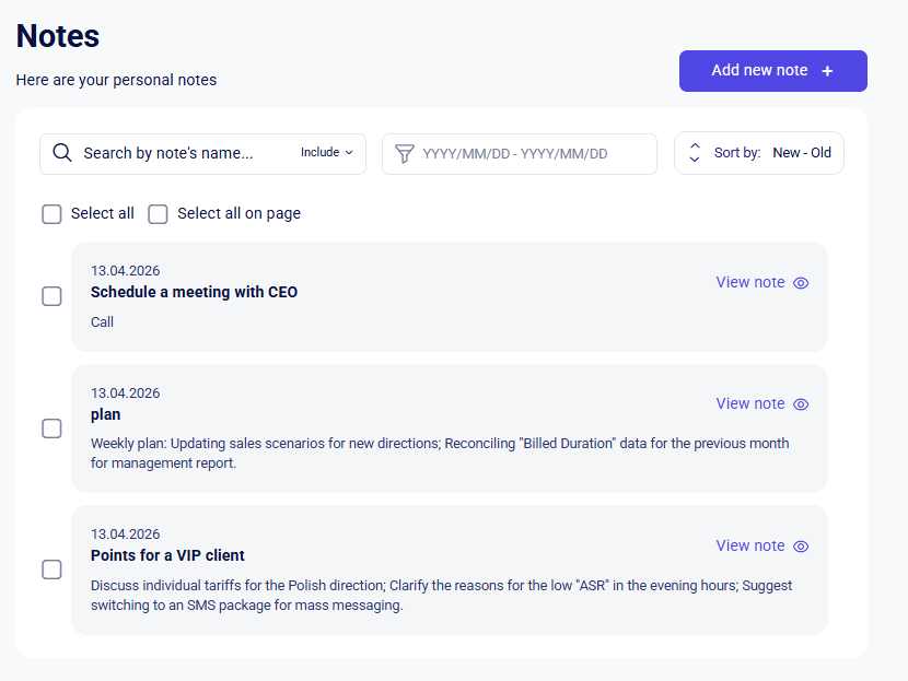 CRM account Notes page with search, date filter, sort, and three note cards