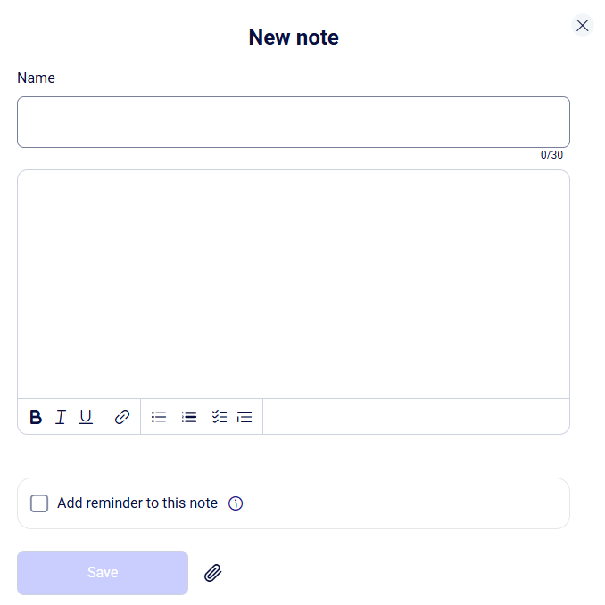 CRM account New note modal with name field, rich text editor, and Save