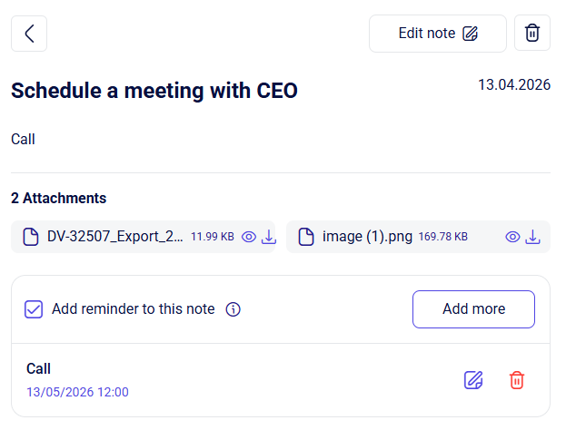 CRM account note view with meeting title, two attachments, and a call reminder
