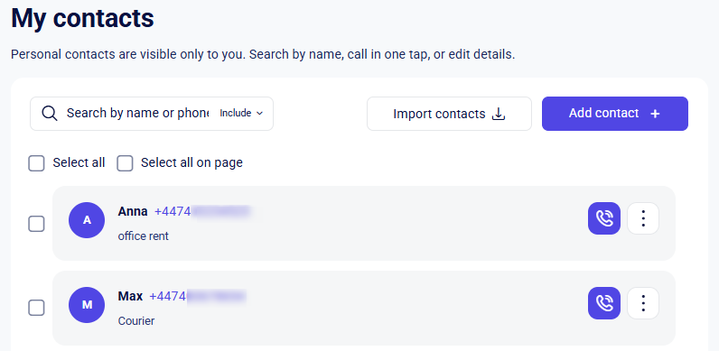 CRM account My contacts list with search, import, add, and call buttons