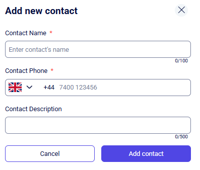 CRM account Add new contact modal with name, phone, description, and Add contact
