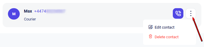 CRM account contact row for Max with open Edit contact and Delete menu