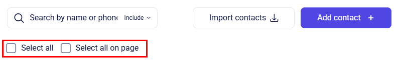 CRM account contacts toolbar highlighting Select all and Select all on page