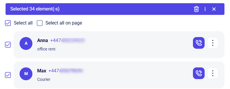 CRM account contacts bulk bar showing 34 selected with a delete icon