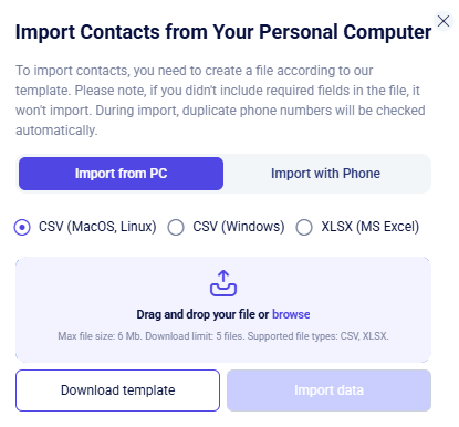 CRM account contact import modal with file format, upload area, and template