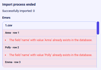 CRM account import results showing zero imported and duplicate name errors