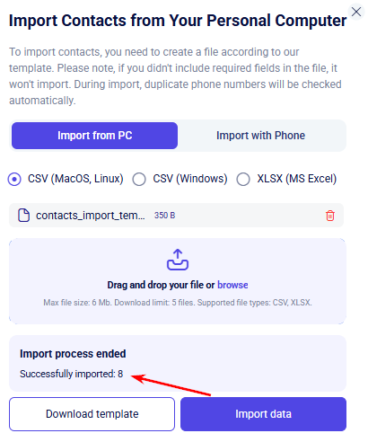 CRM account import dialog confirming eight successfully imported contact records