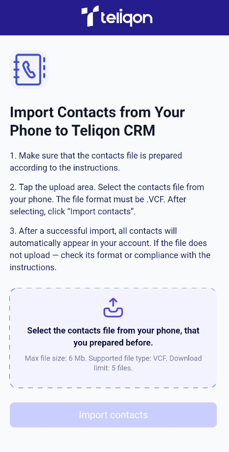 CRM account phone import screen with VCF upload area and Import contacts button