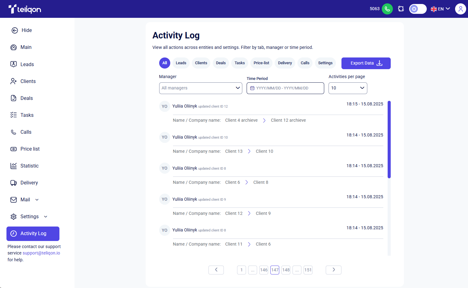 CRM activity log page with category tabs, manager filters, and Export Data