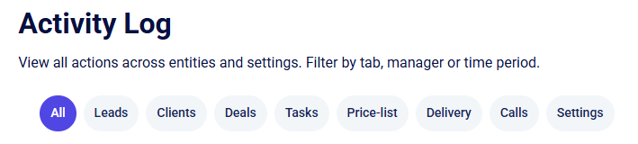 CRM activity log category filter tabs for Leads, Clients, and Deals