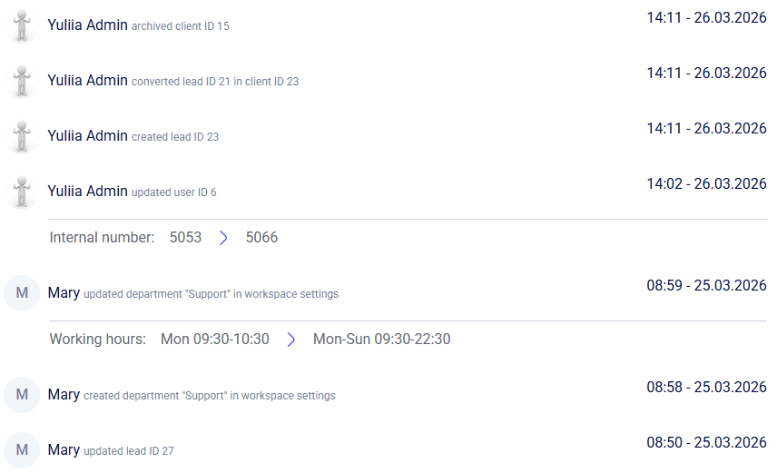 CRM activity log feed listing manager actions with timestamps and change details