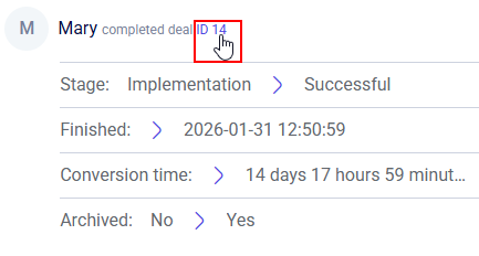 CRM activity log entry with clickable deal ID and stage change details