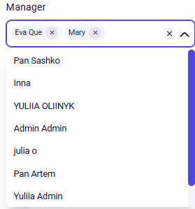 CRM activity log Manager filter with Eva Que and Mary chips selected