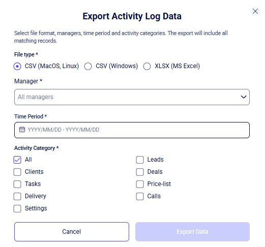 CRM activity log export dialog with format, manager, period, and categories